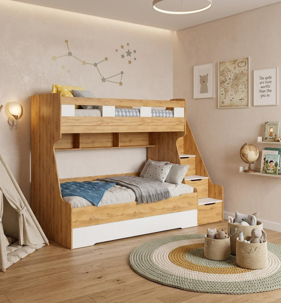 Кровать РУМ 120х200 (корпус дуб золотистый + фасады белые) от Династия Kids